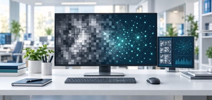 Conceptual illustration of AI analyzing image patterns at a healthcare research workstation.