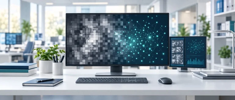 Conceptual illustration of AI analyzing image patterns at a healthcare research workstation.