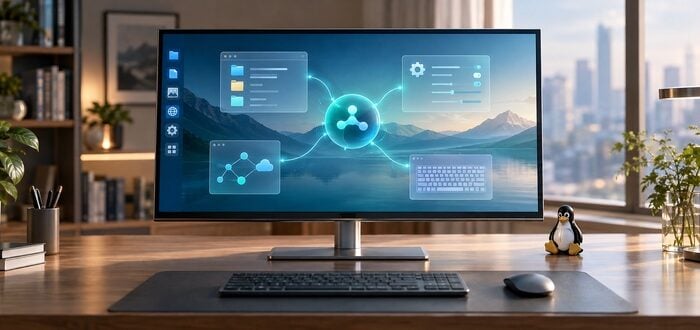Conceptual Linux desktop with an AI agent connecting application windows and system controls.