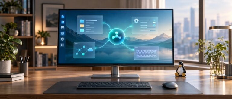 Conceptual Linux desktop with an AI agent connecting application windows and system controls.