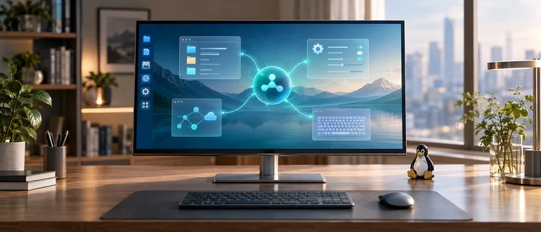 Conceptual Linux desktop with an AI agent connecting application windows and system controls.
