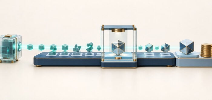 Conceptual illustration of AI work passing through verification before payment for completed outcomes.