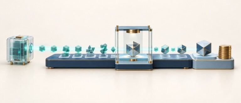 Conceptual illustration of AI work passing through verification before payment for completed outcomes.