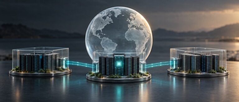 Conceptual sovereign AI infrastructure with independently enclosed server clusters connected through controlled gateways beneath a globe.